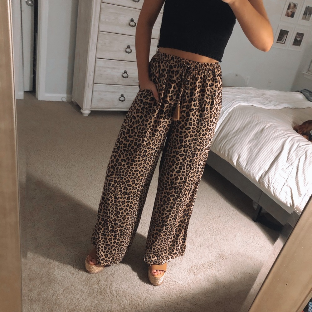 Leopard Print Wide Leg Lounge Pants - Brown
